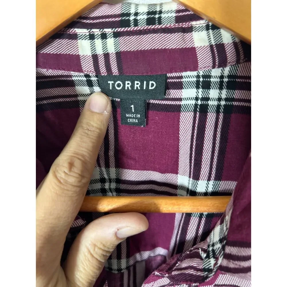 Torrid Button Up 1 1X Burgundy Plaid Lightweight - Picture 5 of 10